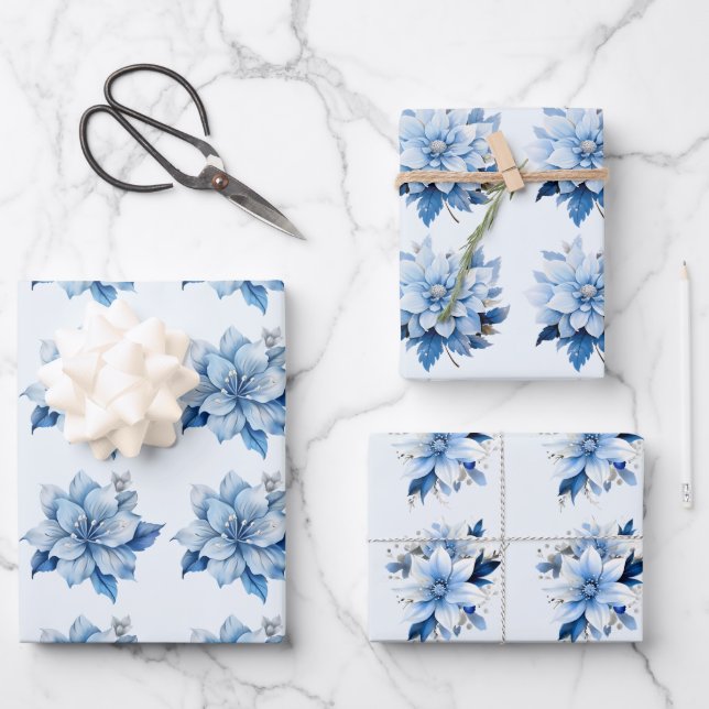 Feuille De Papier Cadeau Belles Fleurs de Noël Bleues (Recto)