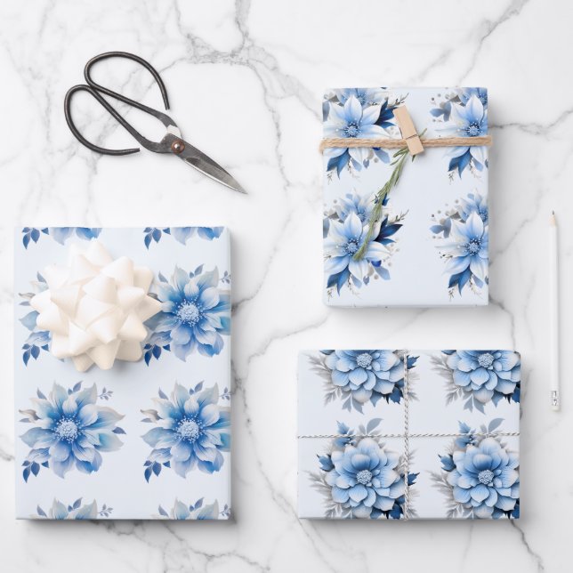 Feuille De Papier Cadeau Belles Fleurs de Noël Bleues (Recto)