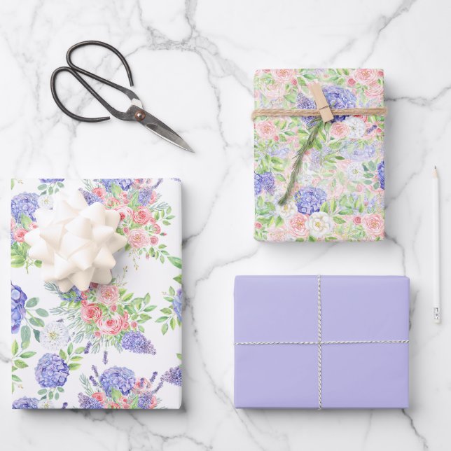 Feuille De Papier Cadeau Belles Hydrangeas, Lilas et Roses (Recto)