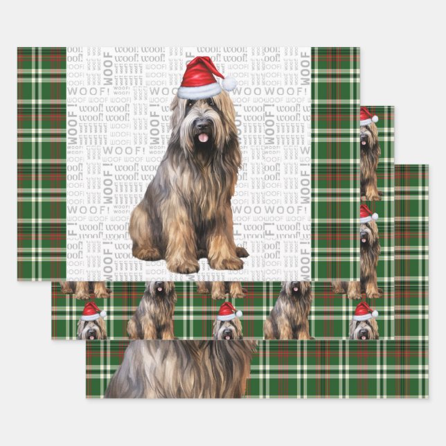 Feuille De Papier Cadeau Berger de Briard Chien de Noël Green Plaid (Lot)