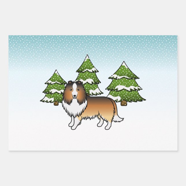 Feuille De Papier Cadeau Berger des Shetland Sable Dans Une Forêt D'Hiver (Devant)