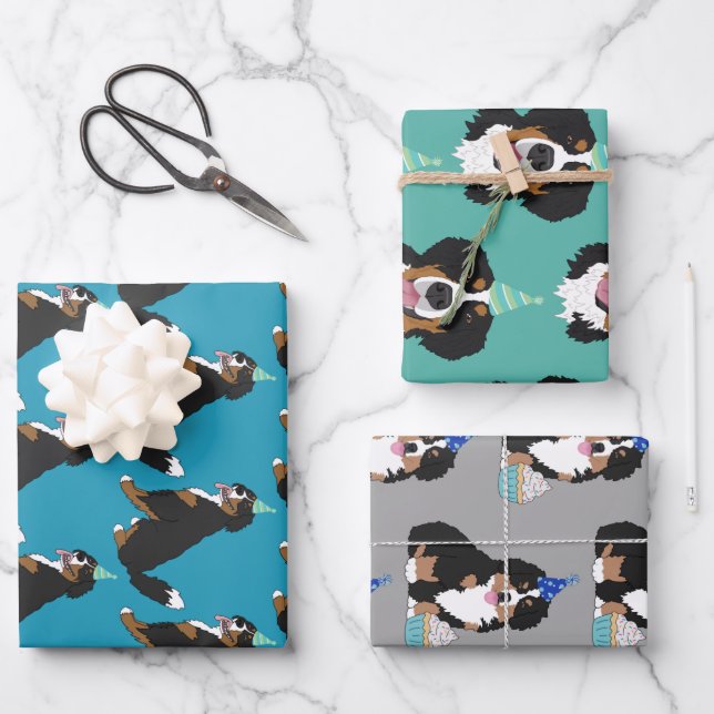 Feuille De Papier Cadeau Bernese Mountain Dog Anniversaire (Recto)