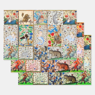 FEUILLE DE PAPIER CADEAU BESTIAIRE MÉDIÉVAL JOUER DES INSTRUMENTS MUSICAUX 