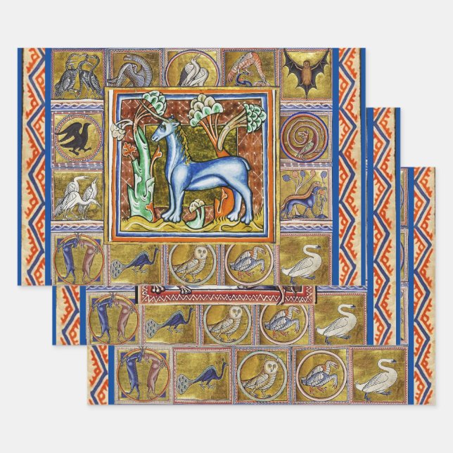 FEUILLE DE PAPIER CADEAU BESTIAIRE MÉDIÉVAL, UNICORN, GRIFFIN, BARRE SAUVAG (Lot)