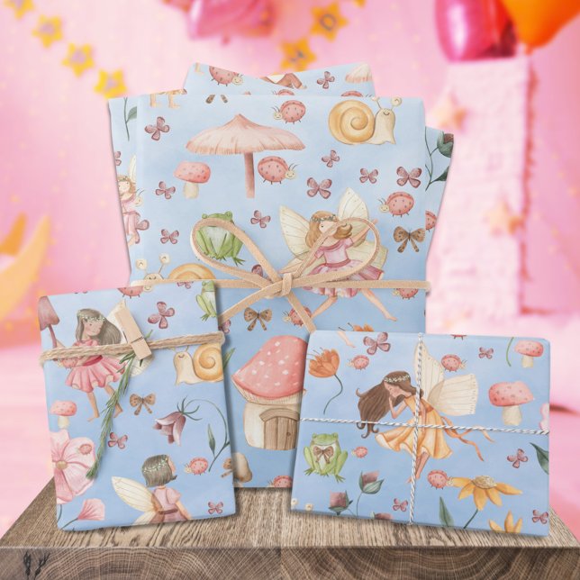 Feuille De Papier Cadeau Beurre de la dame Papillon crapaud Gnome Fées Jard (Lady Bug Butterfly Toad Gnome Fairies Garden Sky Blue Kids Gift Wrapping Paper)