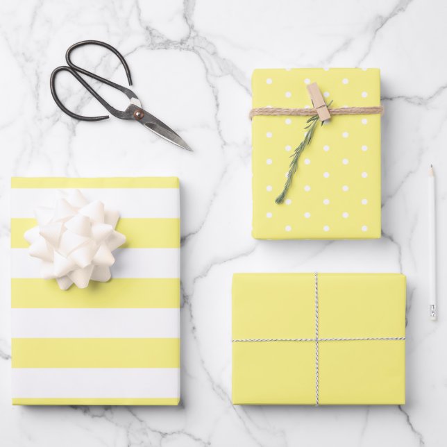 Feuille De Papier Cadeau Beurre Polka jaune point large rayé et solide (Recto)