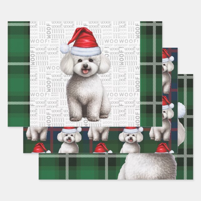 Feuille De Papier Cadeau Bichon Frise Dog et Green Plaid Holiday (Lot)