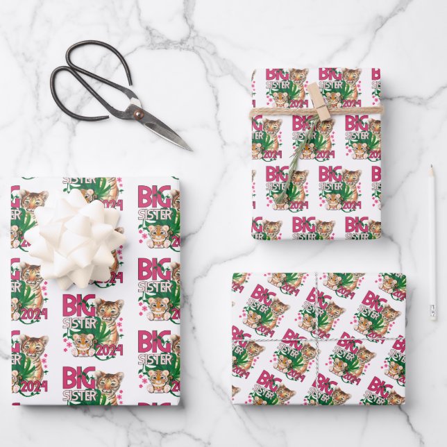 Feuille De Papier Cadeau Big Sister 2024 - Tigre Tropical Jungle (Recto)