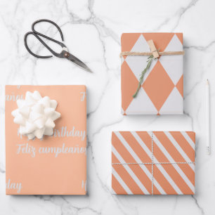 Feuille De Papier Cadeau Bilingue Peach Feliz Cumpleaños - Joyeux anniversa