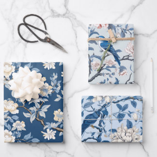 Feuille De Papier Cadeau Bird Floral Chinoiserie Bleu Blanc