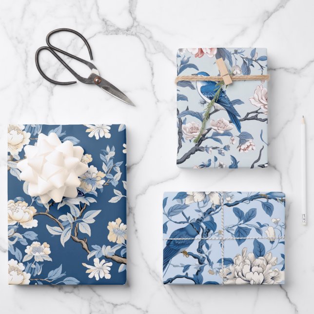 Feuille De Papier Cadeau Bird Floral Chinoiserie Bleu Blanc (Recto)