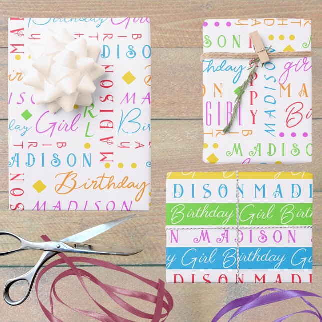 Feuille De Papier Cadeau Birthday Girl Rainbow Cute Ajouter Un Nom Personna (Add a name - or 3 - to this cute birthday girl wrapping paper in rainbow colors, fun for all ages)