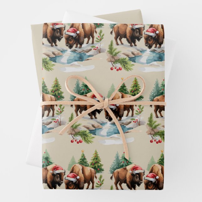 Feuille De Papier Cadeau Bison buffle animal occidental faune de Noël (En situation)