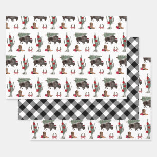 Feuille De Papier Cadeau Bison Christmas Tree Ranch Western Plaid