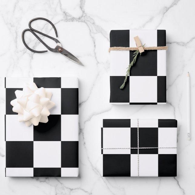 Feuille De Papier Cadeau Black and White Checkered Pattern (Recto)