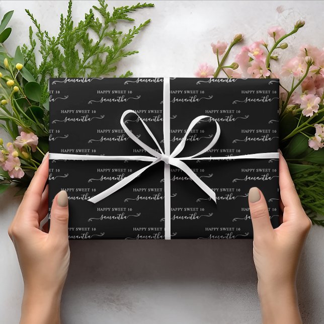 Feuille De Papier Cadeau Black and White Happy Sweet 16 Cute Bow Nom (Black and White Happy Sweet 16 Cute Bow Name Wrapping Paper Sheets)