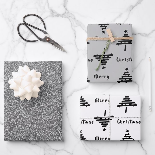 Feuille De Papier Cadeau Black Christmas Tree Faux Silver Parties scintilla (Recto)