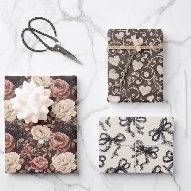 Feuille De Papier Cadeau Black Cream Hearts Flowers Bows Birthday (Recto)