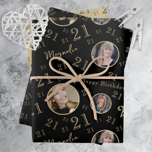 Feuille De Papier Cadeau Black Gold Age Photo 21e anniversaire