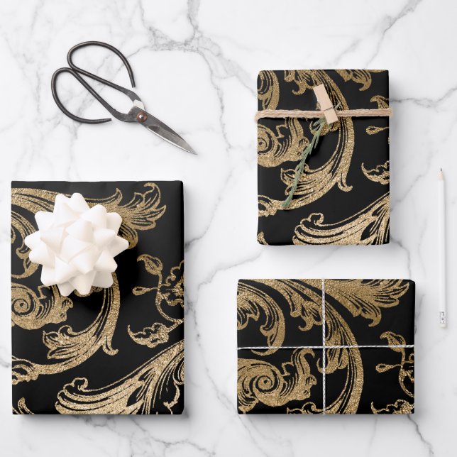 Feuille De Papier Cadeau Black Gold Rococo Baroque Swirl (Recto)