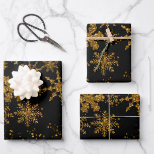 Feuille De Papier Cadeau Black & Gold Snowflakes Étoiles Joyeux Noël