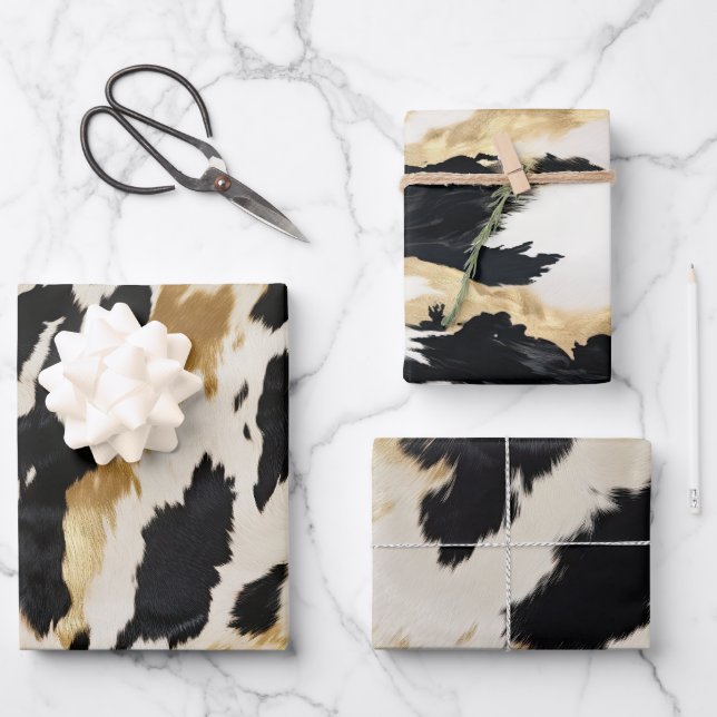 Feuille De Papier Cadeau Black Ivory Gold Western Cowhide (Recto)