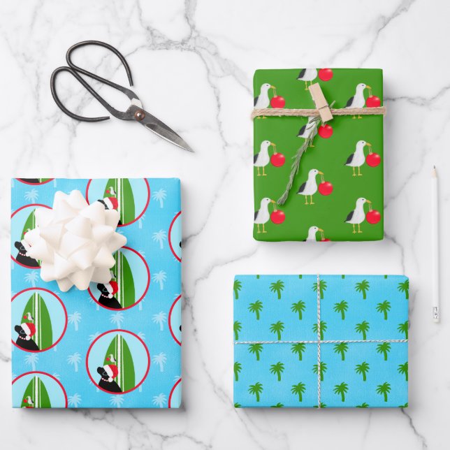 Feuille De Papier Cadeau Black Lab Santa Surfboard Seagull Gift Wrap Set 3 (Recto)