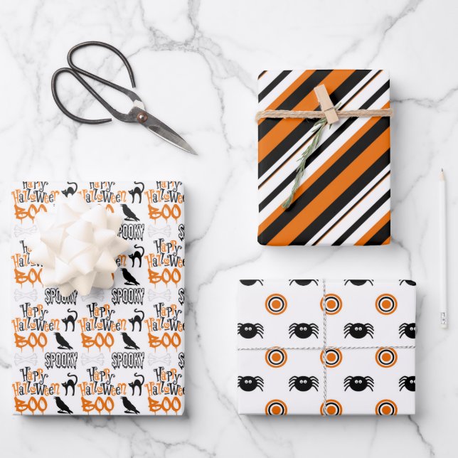 Feuille De Papier Cadeau Black Orange Cute Boo Spider Stripes Halloween (Recto)