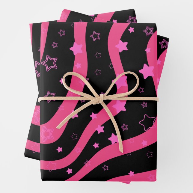 Feuille De Papier Cadeau Black &Pink Stars On Lines Elegant Feminine Design (En situation)