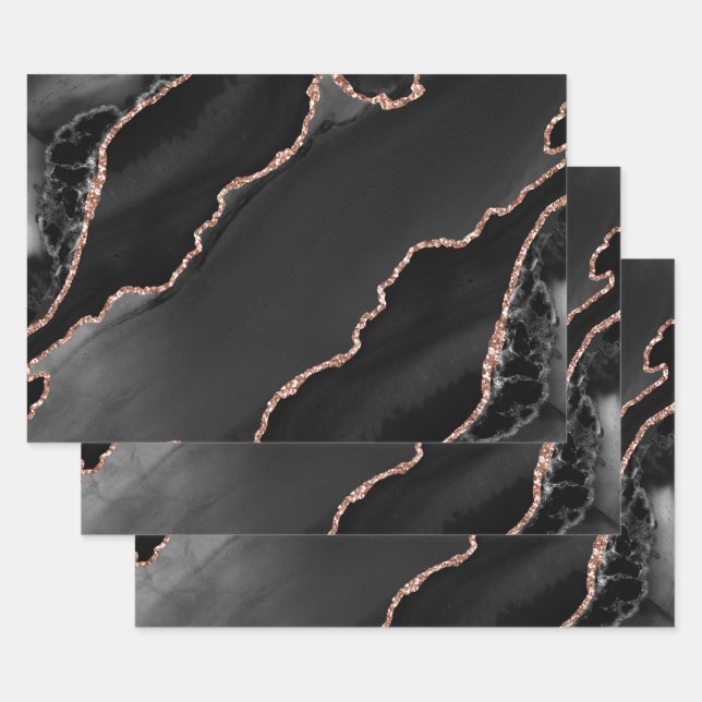 Feuille De Papier Cadeau Black & Rose Gold Faux Parties scintillant Agate d (Lot)