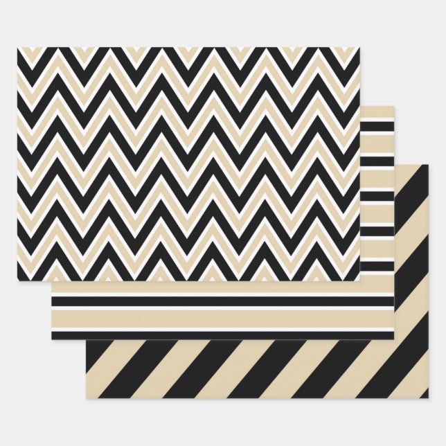 Feuille De Papier Cadeau Black, Tan, and White Chevron & Bold Stripe (Lot)