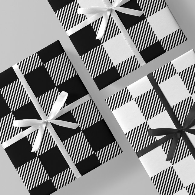 Feuille De Papier Cadeau Black & White Buffalo Plaid, Checkers & Stripes (Black & White Buffalo Plaid, Checkers & Stripes Wrapping Paper Sheets)