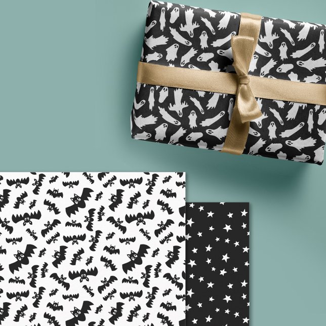 Feuille De Papier Cadeau Black White Ghosts Bats Étoiles Halloween Motifs (Créateur téléchargé)