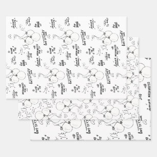 Feuille De Papier Cadeau Black White Texte Doodle Balloon Joyeux anniversai