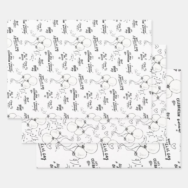 Feuille De Papier Cadeau Black White Texte Doodle Balloon Joyeux anniversai (Lot)