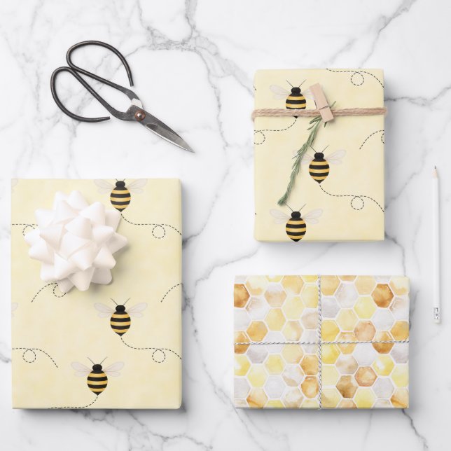 Feuille De Papier Cadeau Black Yellow Gold Bees Baby Shower (Recto)