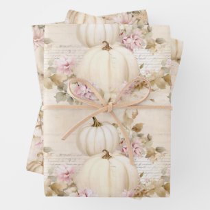 Feuille De Papier Cadeau Blanc Citrouille Pastel Rose Automne Aquarelle Flo