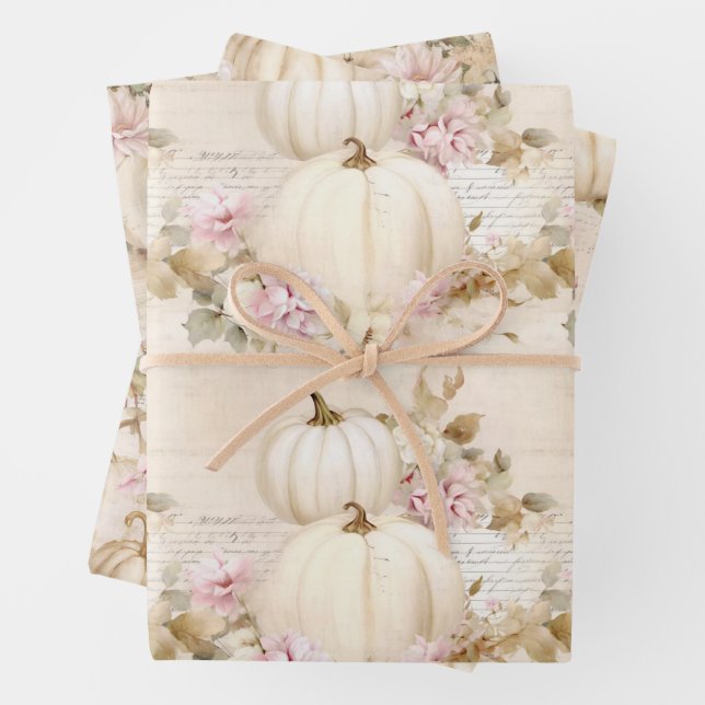Feuille De Papier Cadeau Blanc Citrouille Pastel Rose Automne Aquarelle Flo (En situation)