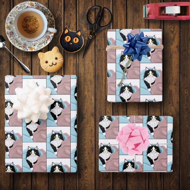 Feuille De Papier Cadeau Blanc Noir Tuxedo Couvercles de chat Bleu Pink (Créateur téléchargé)