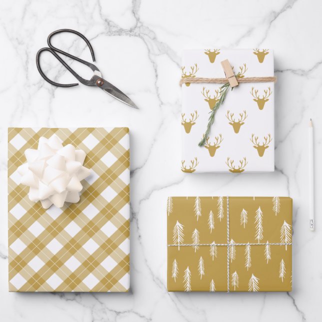Feuille De Papier Cadeau Blanc Or Mixte Rustique Motifs Deer Woods Plaid (Recto)