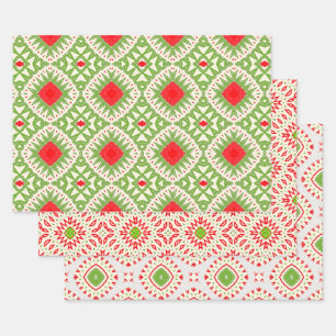 Feuille De Papier Cadeau Blanc rouge vert ethnique Motifs de mosaïque bohèm
