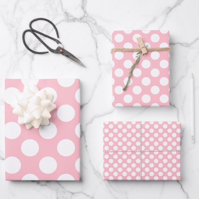 Feuille De Papier Cadeau Blanc sur rose différentes tailles Pois (Recto)