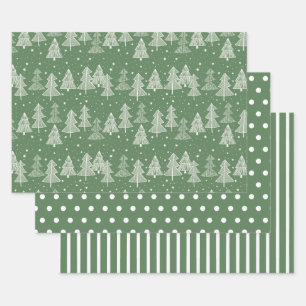 Feuille De Papier Cadeau Blancs verts Arbres de Noël Pois
