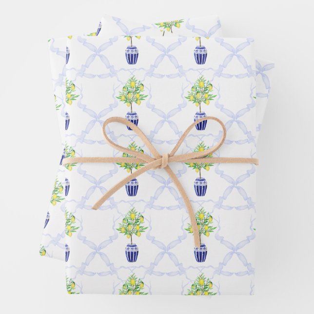 Feuille De Papier Cadeau Blason Monogramme d'Arbre de Citron à l'Aquarelle (En situation)