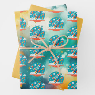 Feuille De Papier Cadeau Blastoff anniversaire : Rocket Ship Adventure Moti