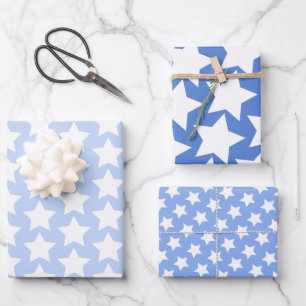 Feuille De Papier Cadeau Bleu avec amusant, Motif d'étoiles blanches