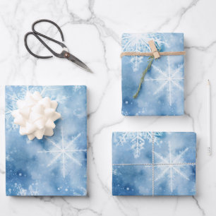 Feuille De Papier Cadeau Bleu avec des flocons de neige Style aquarelle