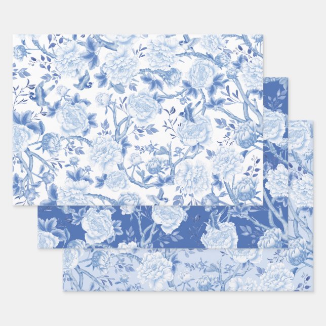 Feuille De Papier Cadeau Bleu Blanc Chinoiserie Oiseaux & Porcelaine Floral (Lot)