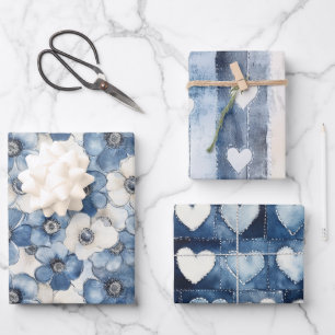 Feuille De Papier Cadeau Bleu Blanc Denim Fleurs Coeurs Anniversaire