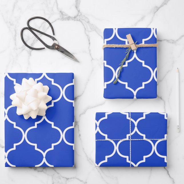 Feuille De Papier Cadeau Bleu & Blanc Méditerranéen Motif marocain (Recto)